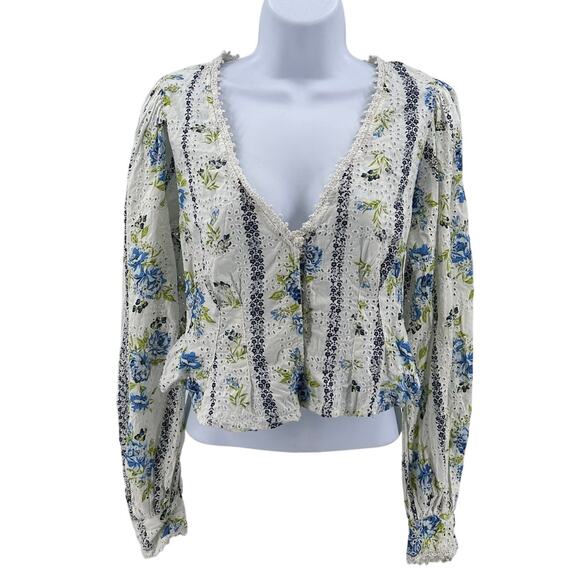 Free People Top White Womens XS Boho Floral Eyelet Cropped V-Neck Long Sleeve - Picture 1 of 8
